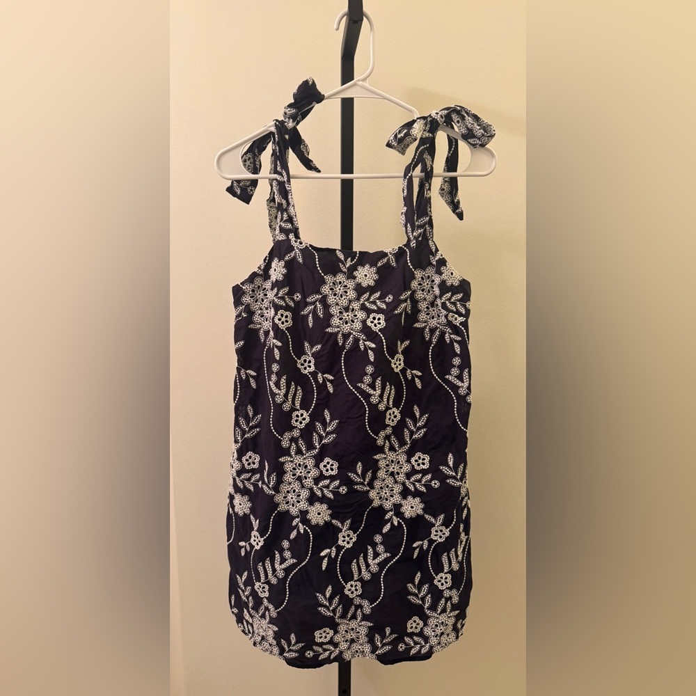 LOFT Navy Floral Eyelet with Faux Tie Strap Mini Dress - Picture 2 of 12